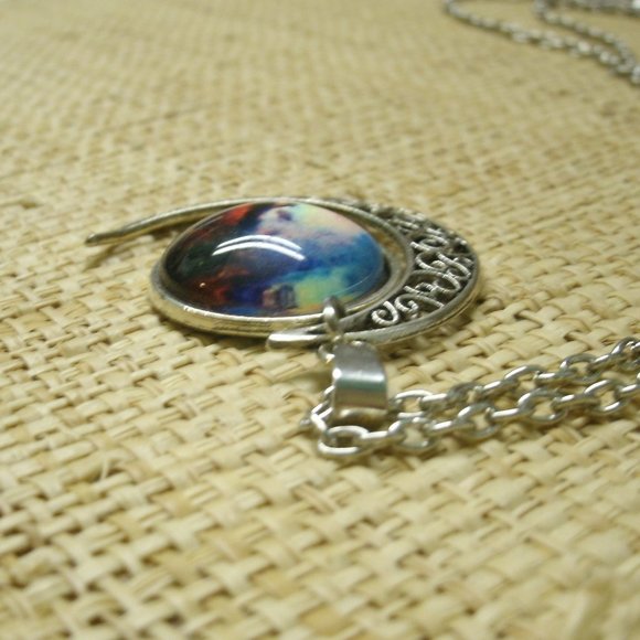 Crescent Moon with Nebula Cabochon Dangle Necklace - Picture 6 of 14